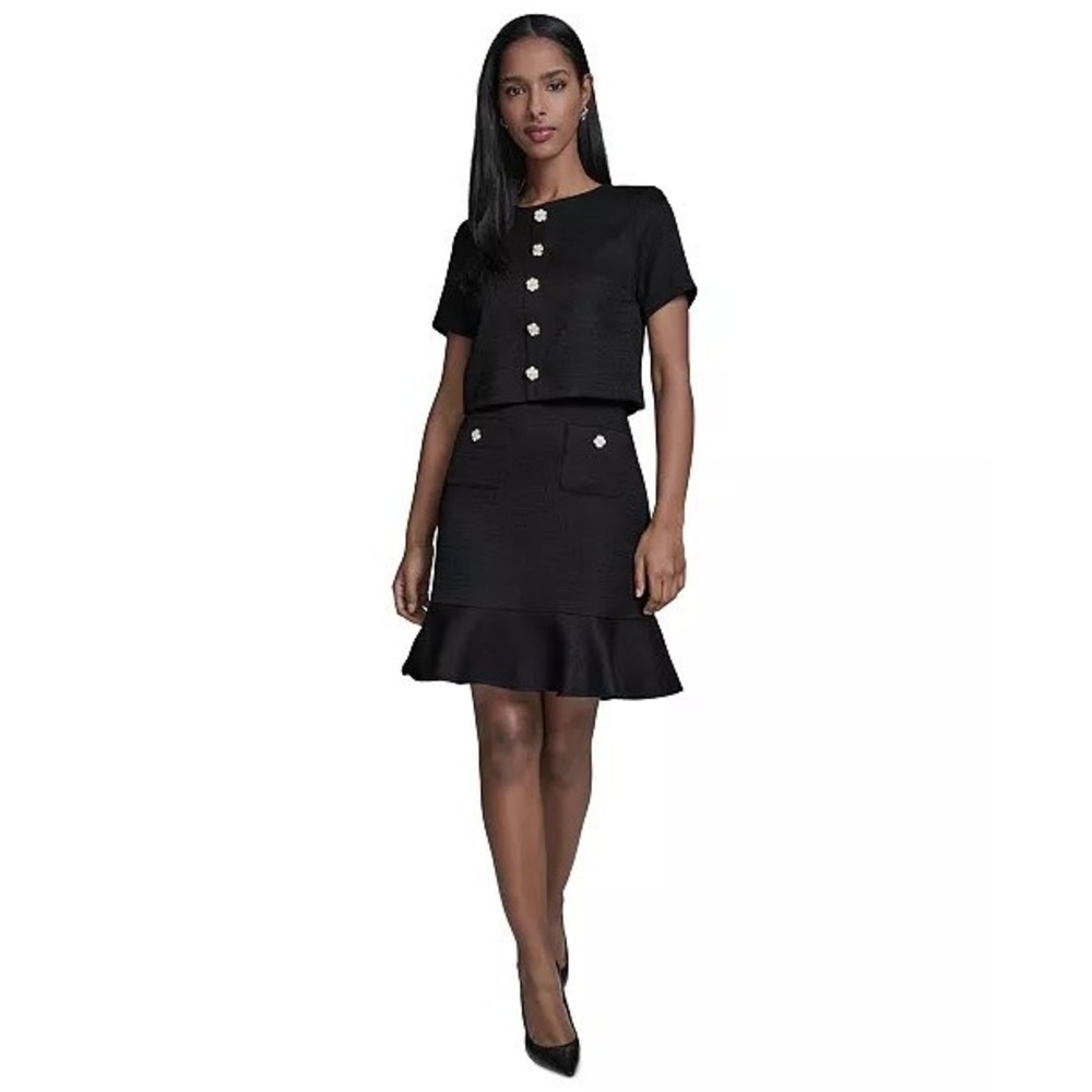 Karl Lagerfeld Paris Womens Black Tweed Skirt Set Floral Buttons LD6T0M76 Sz 6